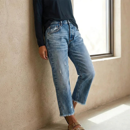 Ella | Retro Cropped Straight Jeans med Høj Talje